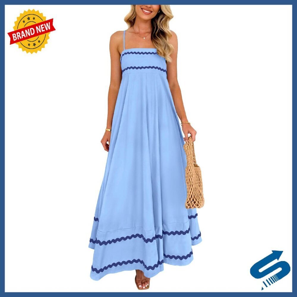 Sleeveless Spaghetti Strap Maxi Dress Flowy Beach Casual with Pockets